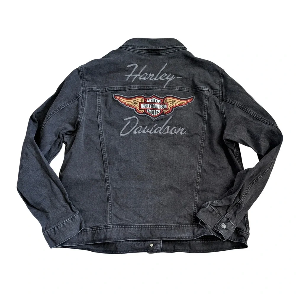Harley Davidson Black Denim Trucker Jacket Women 2X Embroidered Wings Patch - Picture 3 of 10